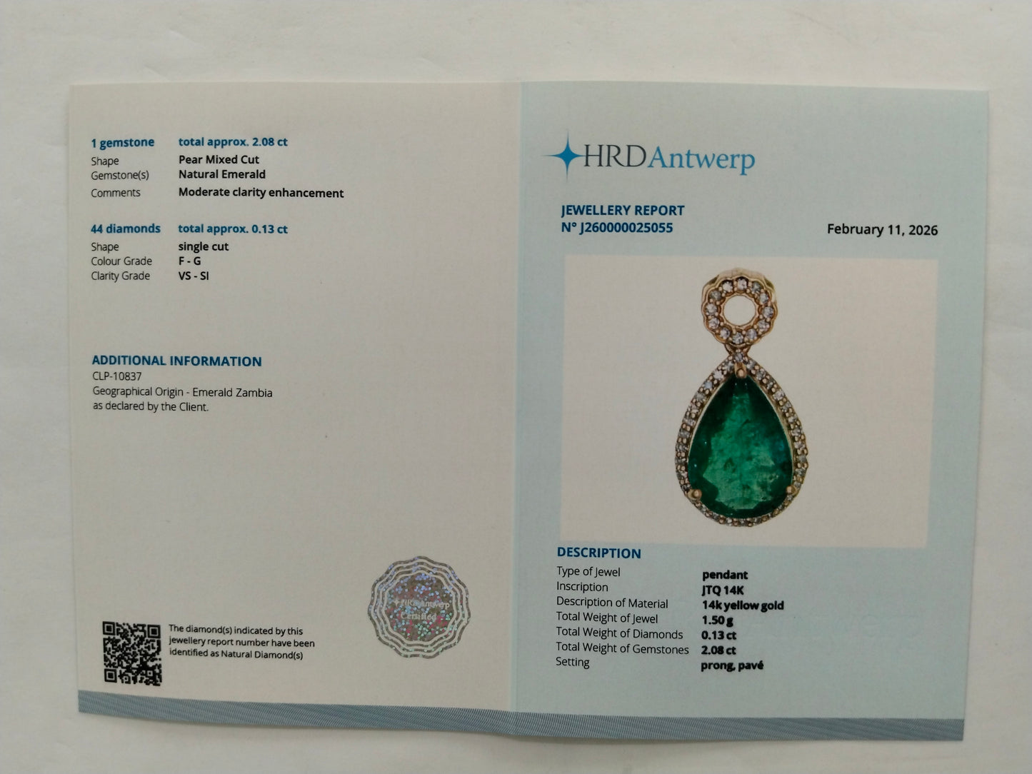 2.21 Ct Pear Mixed Cut Natural Emerald 14K Gold Pendant