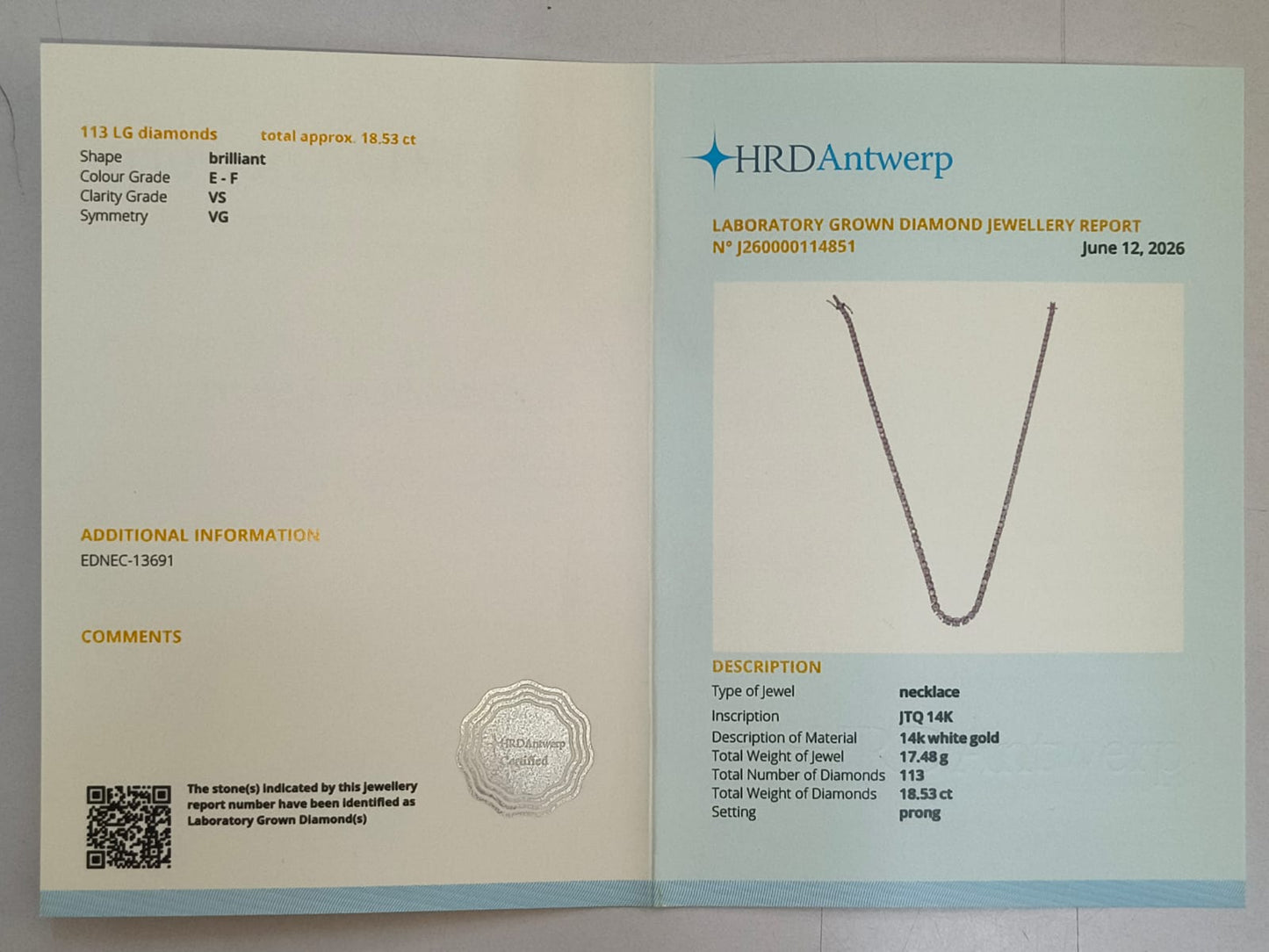 18.53 Ct Round Lab Grown Diamond 14K Gold Necklace