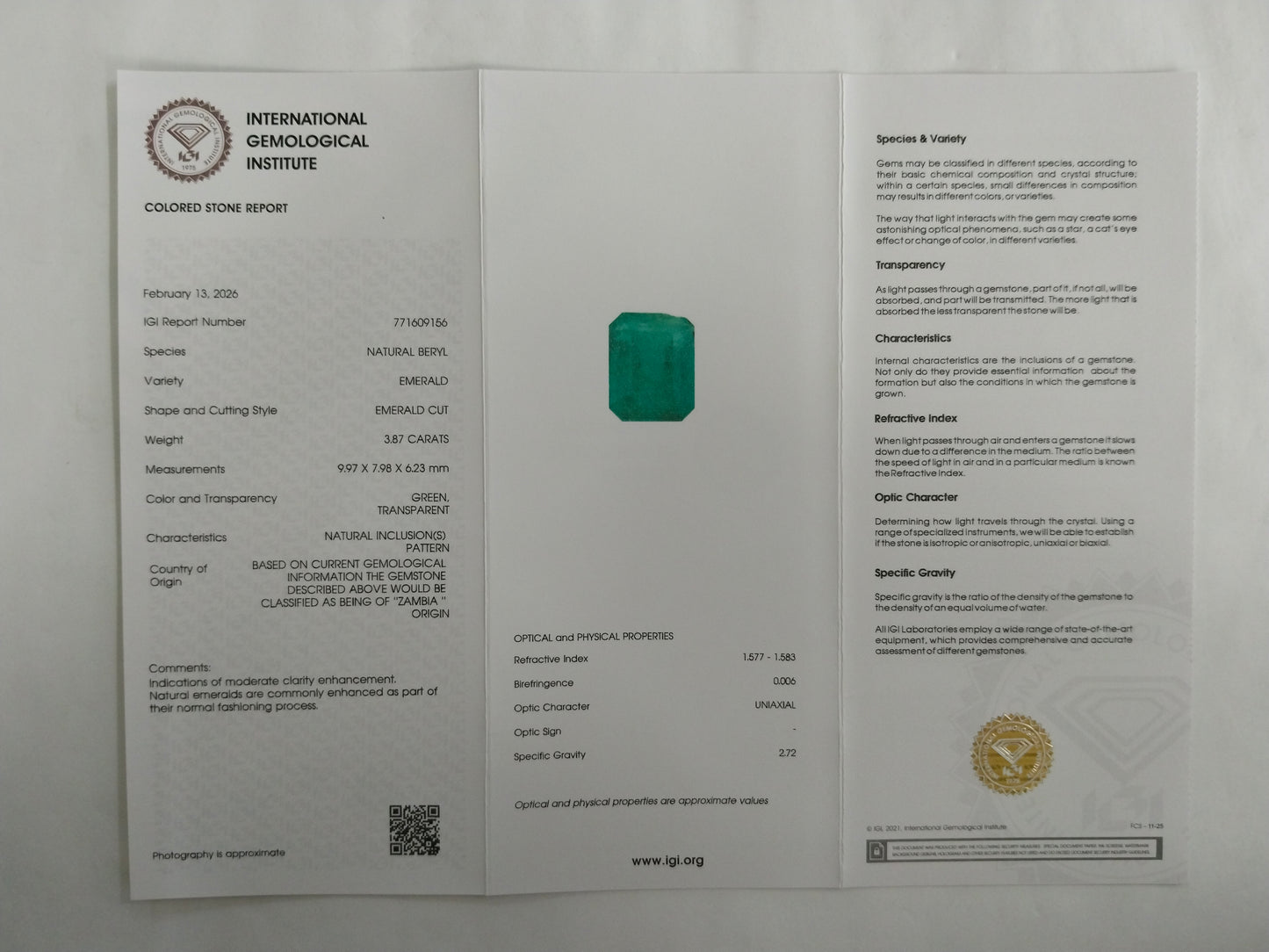 3.87 Natural Beryl Emerald Emerald Cut Gemstone