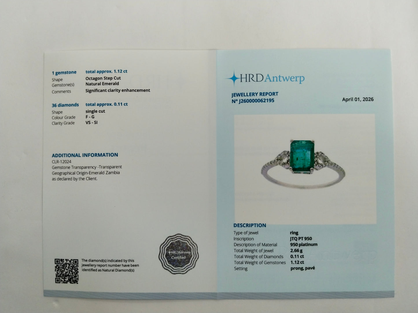 1.23 Ct Octagon Step Cut Natural Emerald 950 Platinum Ring