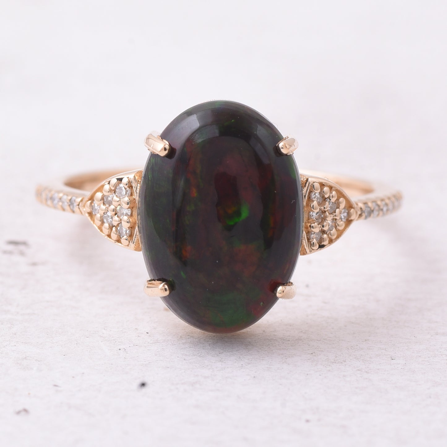 2.42 Ct Oval Cabochon Cut Natural Black Opal 14K Gold Ring