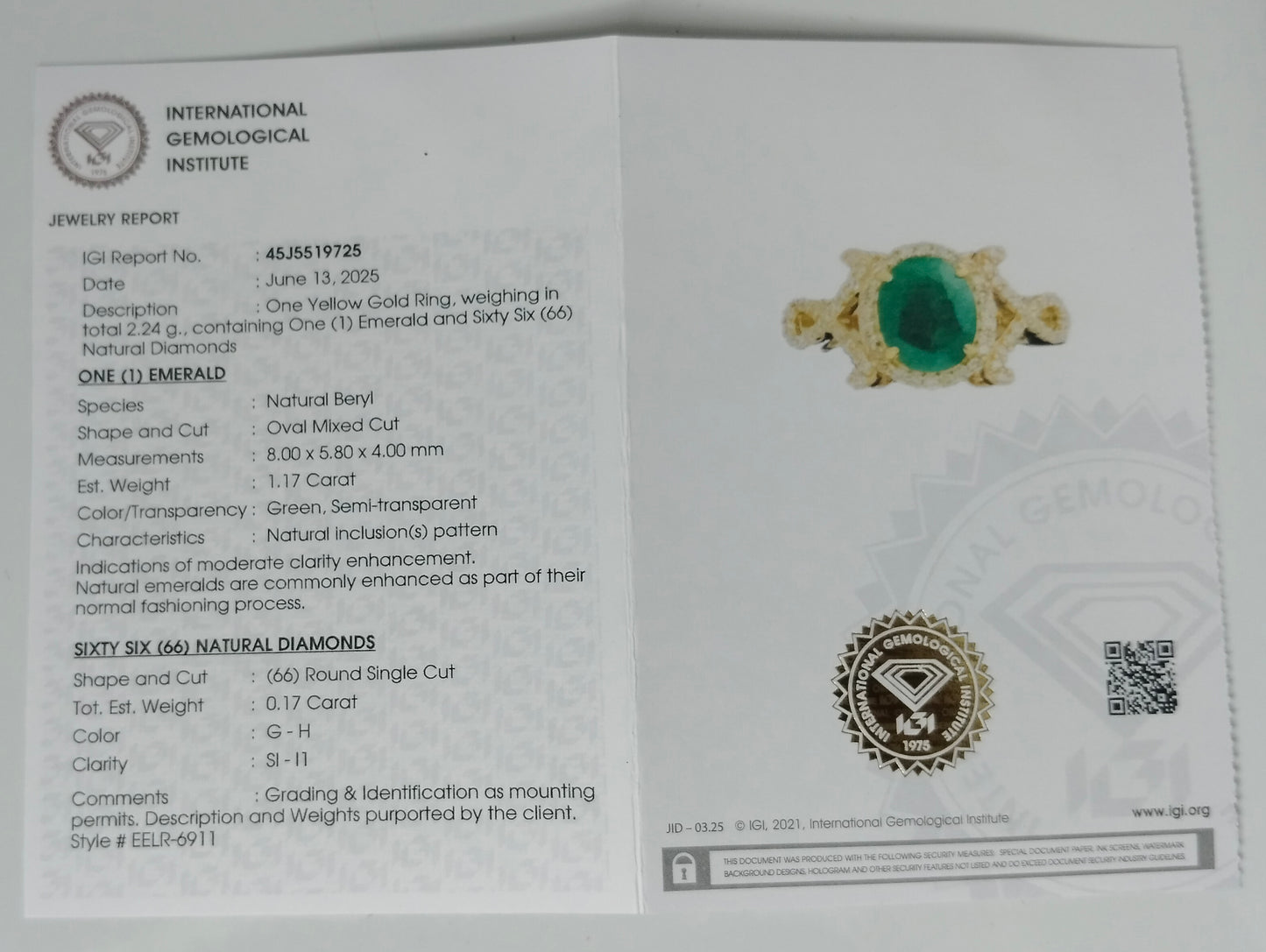 1.34 Ct Oval Mixed Cut Natural Beryl Emerald 14K Gold Ring