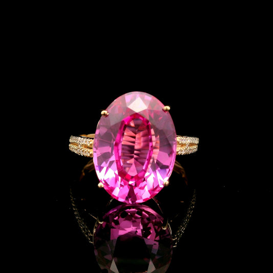 11.26 Ct Oval Mixed Cut Lab Grown Pink Sapphire 14K Gold Ring