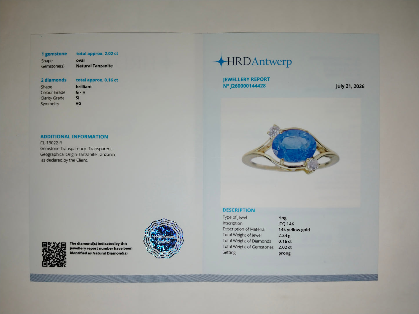 2.18 Ct Oval Natural Tanzanite 14K Gold Ring