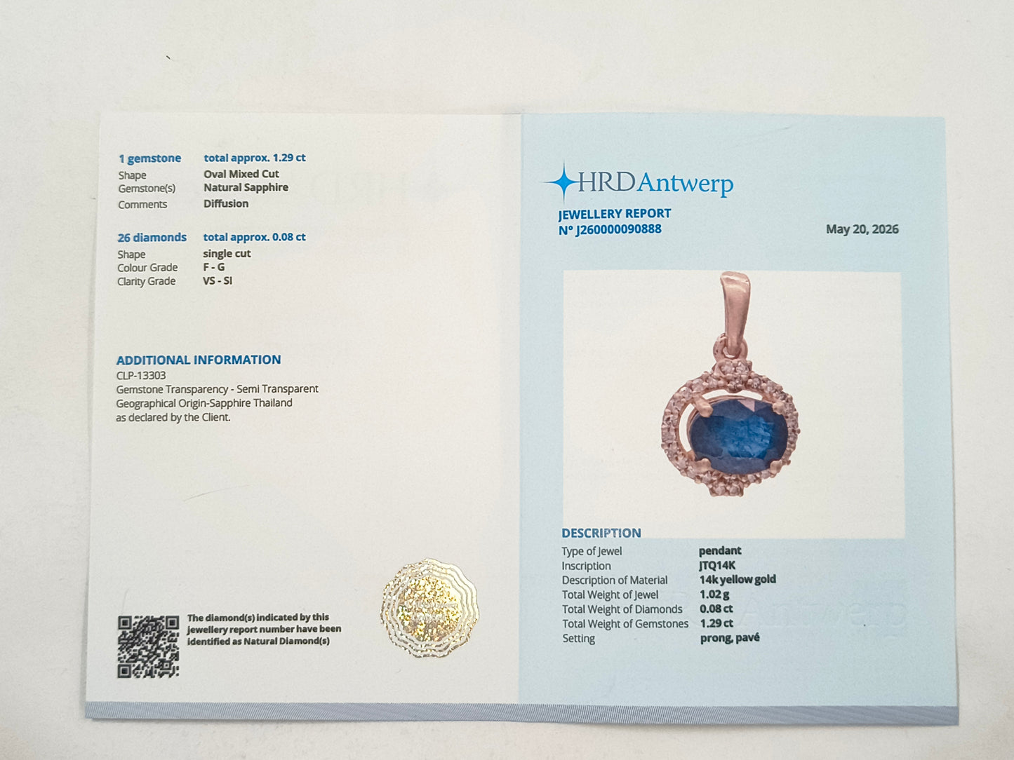 1.37 Ct Oval Sapphire 14K Gold Pendant