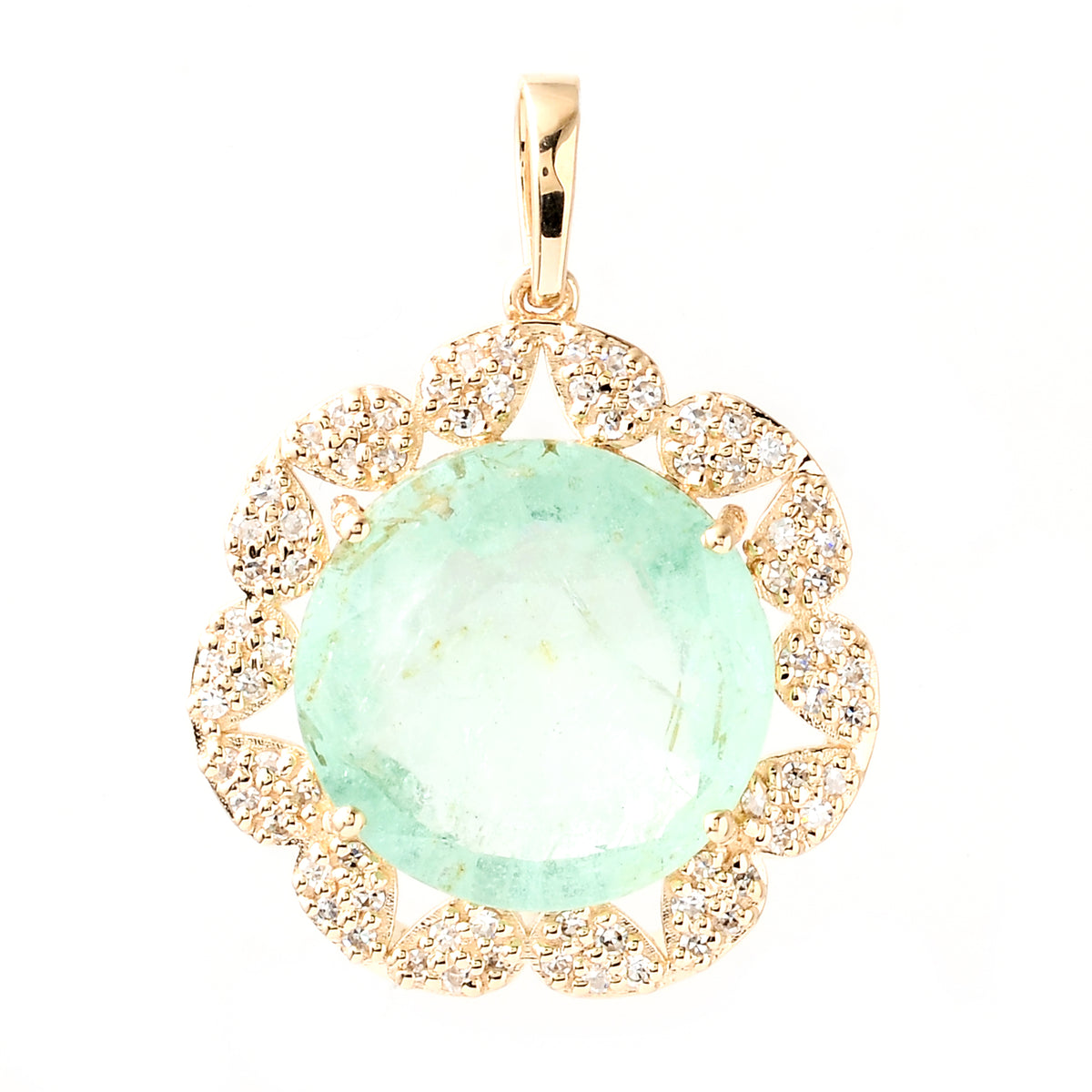4.93 Ct Round Mixed Cut Natural Beryl Emerald 14K Gold Pendant