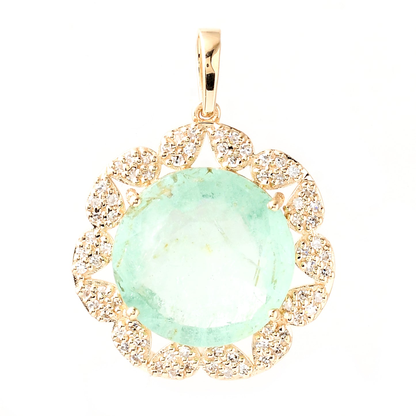 4.93 Ct Round Mixed Cut Natural Beryl Emerald 14K Gold Pendant