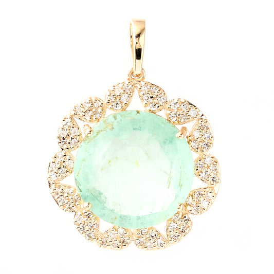 4.93 Ct Round Mixed Cut Natural Beryl Emerald 14K Gold Pendant