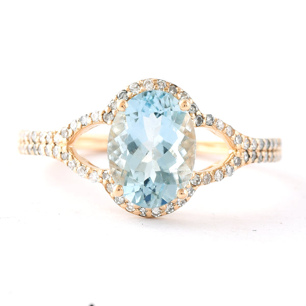 1.70 Ct Oval Mixed Cut Natural Aquamarine 14K Gold Ring