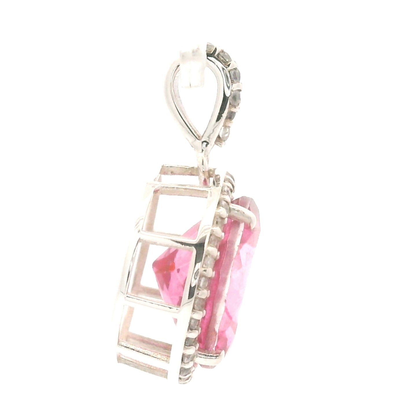 7.63 Ct Round Pink Topaz, White Zircon, 925 Sterling Silver Pendant