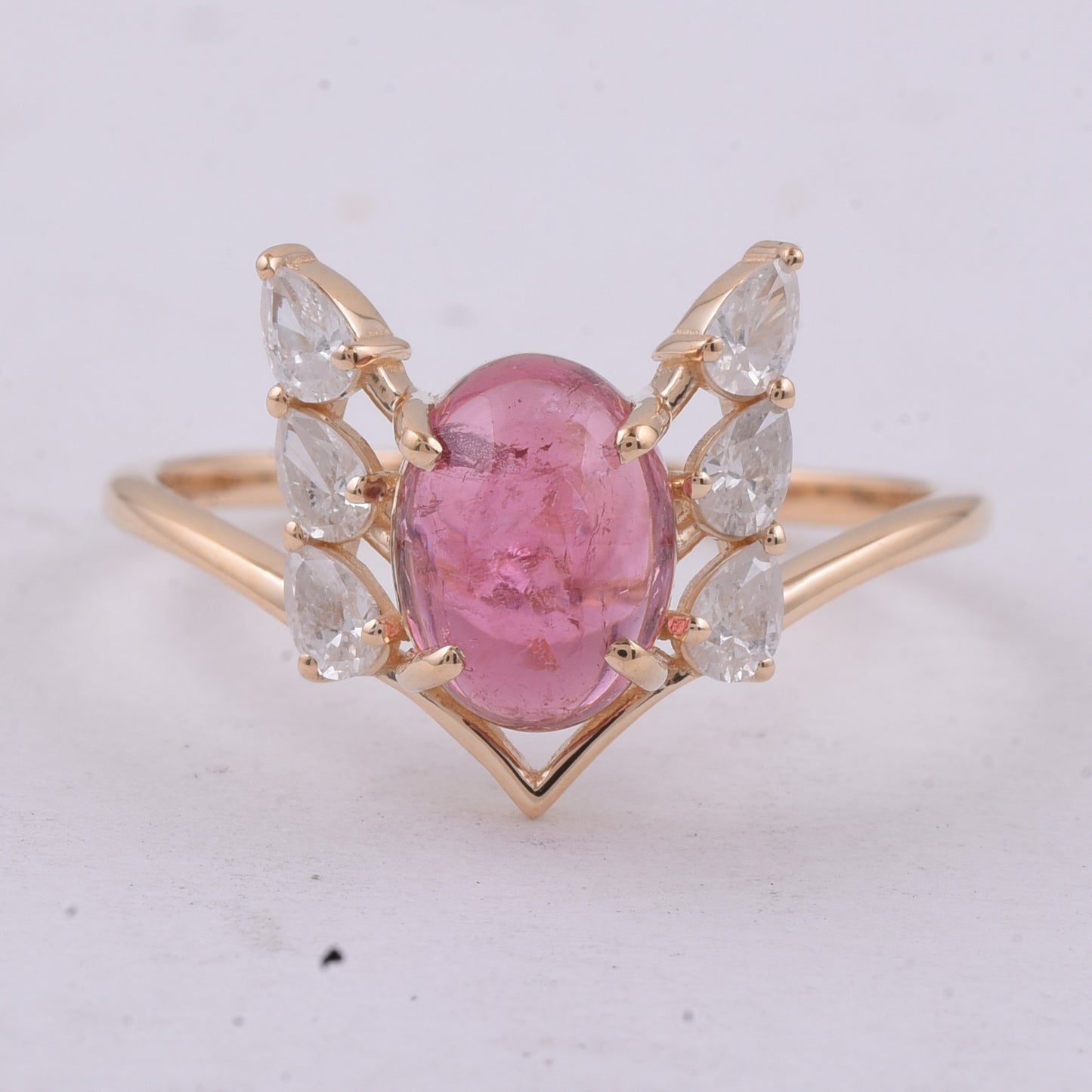 2.11 Ct Oval Cabochon Cut Natural Pink Tourmaline 14K Gold Ring