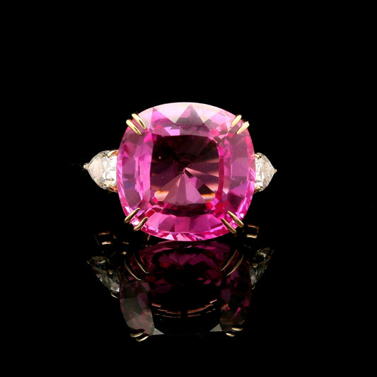 15.11 Ct Cushion Mixed Cut Lab Grown Pink Sapphire 14K Gold Ring