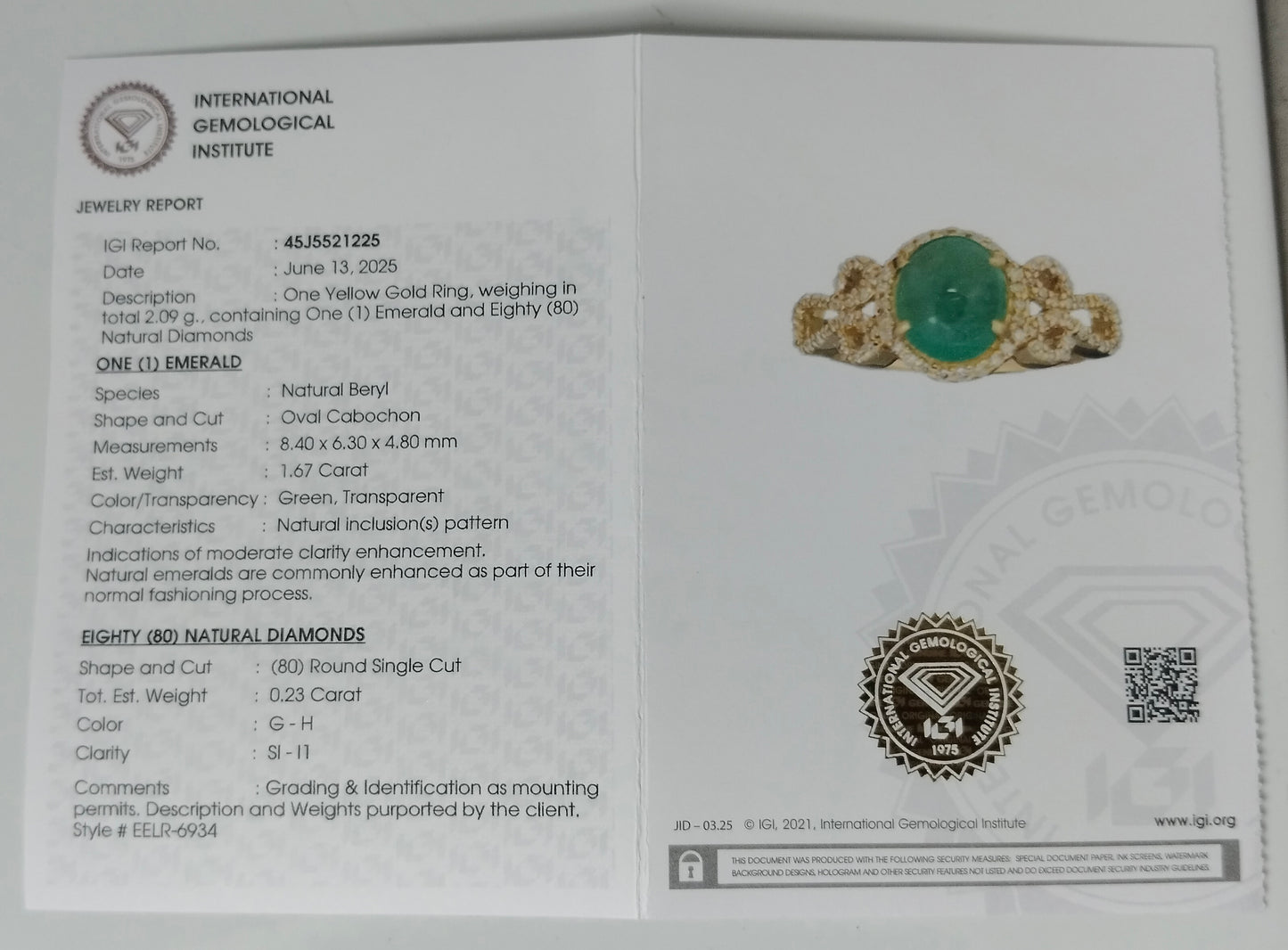 1.90 Ct Oval Cabochon Natural Beryl Emerald 14K Gold Ring