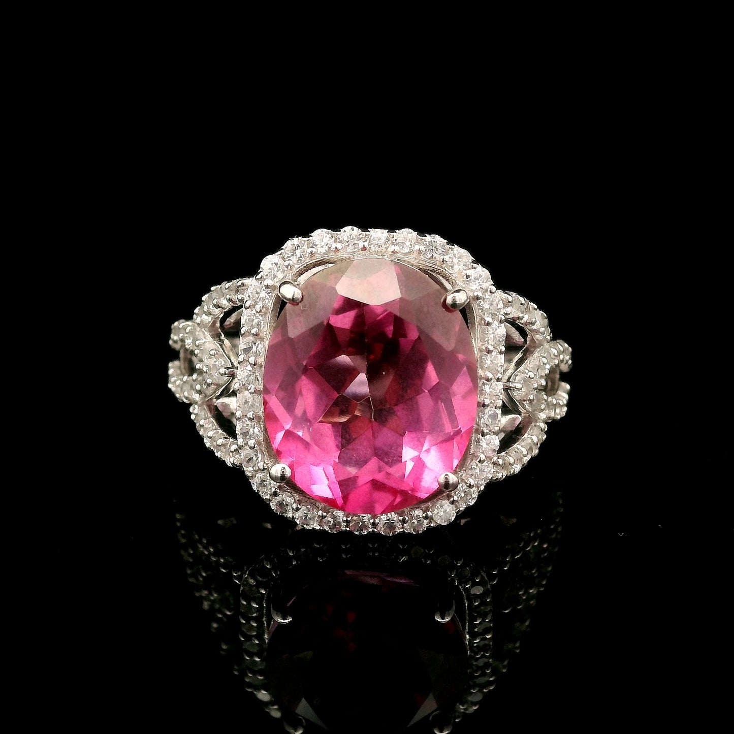 7.18 Ct Oval Pink Topaz, White Zircon 925 Sterling Silver Ring