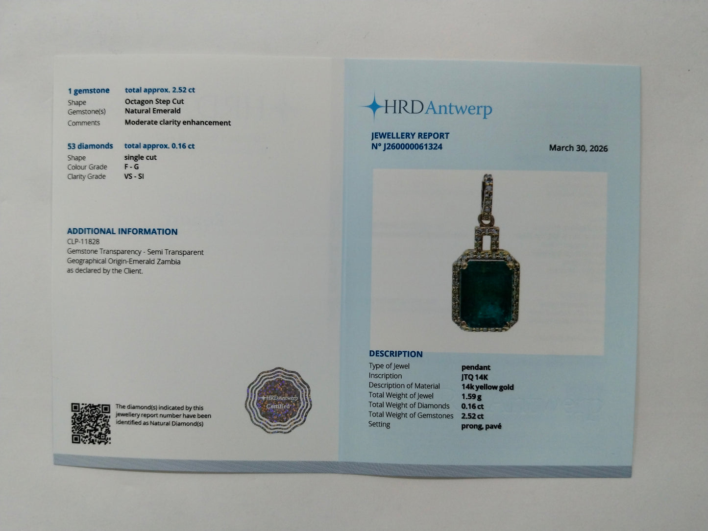 2.68 Ct Octagon Step Cut Natural Emerald 14K Gold Pendant