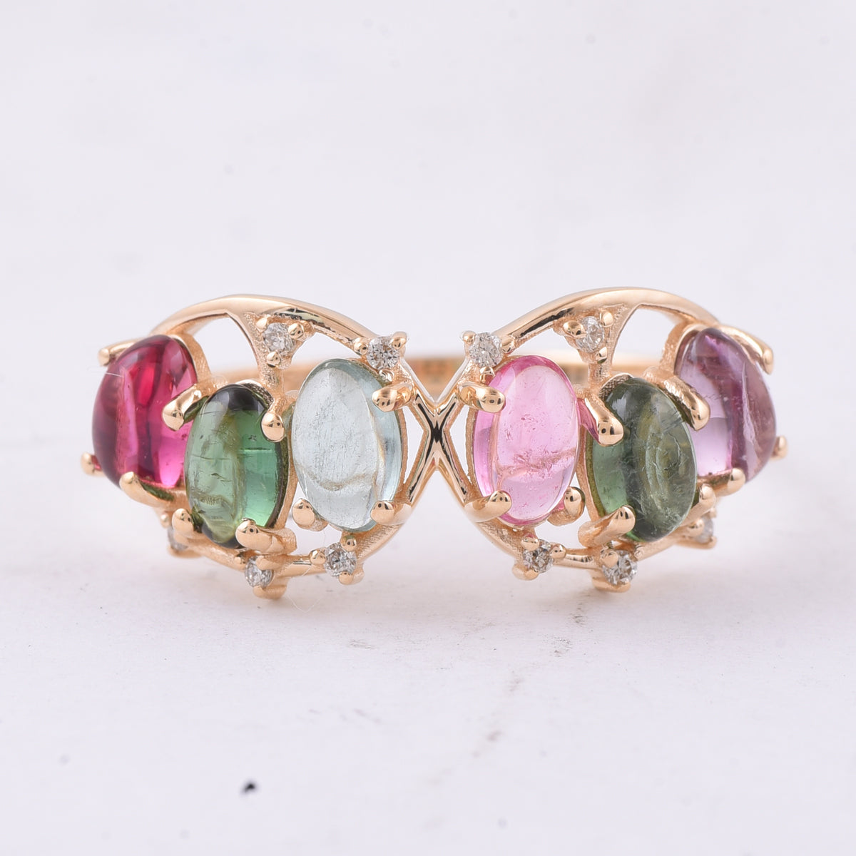 1.76 Ct Oval Cabochon Cut Natural Multi Coloured Tourmaline 14K Gold Ring