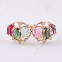 1.76 Ct Oval Cabochon Cut Natural Multi Coloured Tourmaline 14K Gold Ring