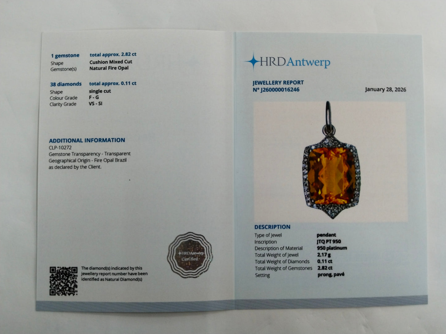 2.93 Ct Cushion Mixed Cut Natural Fire Opal 950 Platinum Pendant
