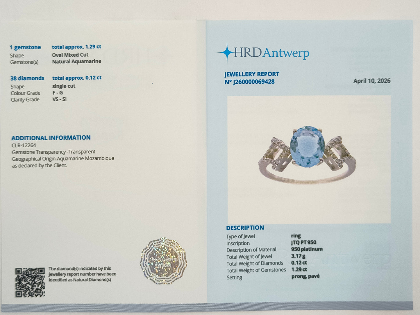 1.41 Ct Oval Mixed Cut Natural Aquamarine 950 Platinum Ring