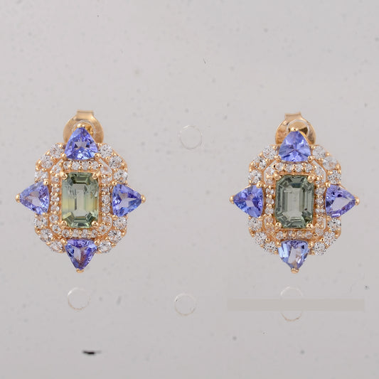 3.02 Ct Octagon Multi Sapphire 14K Gold Earrings