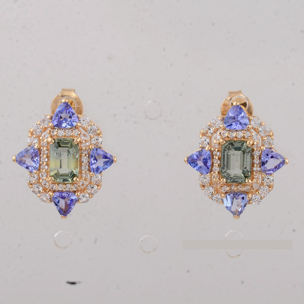 3.02 Ct Octagon Multi Sapphire 14K Gold Earrings