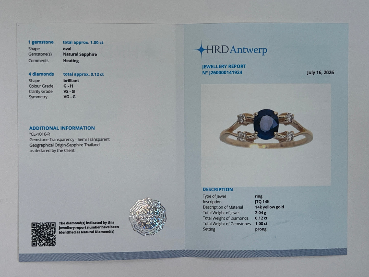 1.12 Ct Oval Natural Sapphire 14K Gold Ring