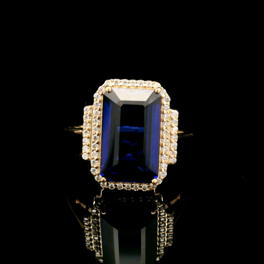 6.24 Ct Emerald Cut Lab Grown Sapphire 14K Gold Ring