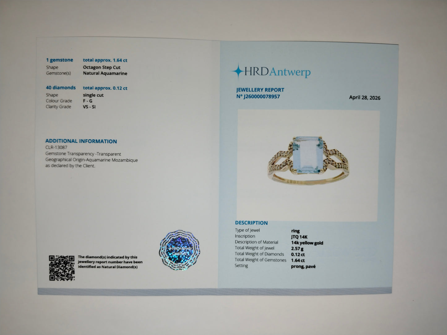 1.76 Ct Octagon Step Cut Natural Aquamarine 14K Gold Ring