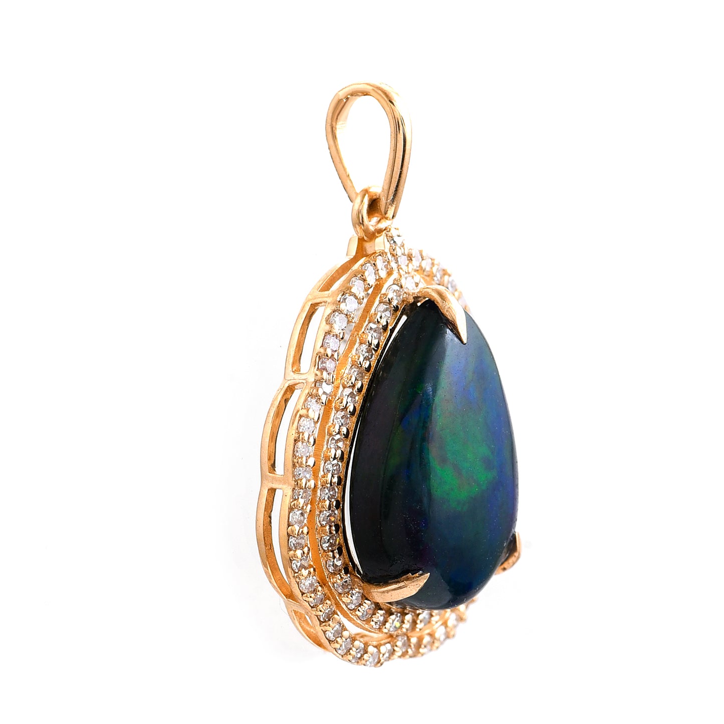 3.32 Ct Pear Mixed Cut Natural Black Opal 14K Gold Pendant