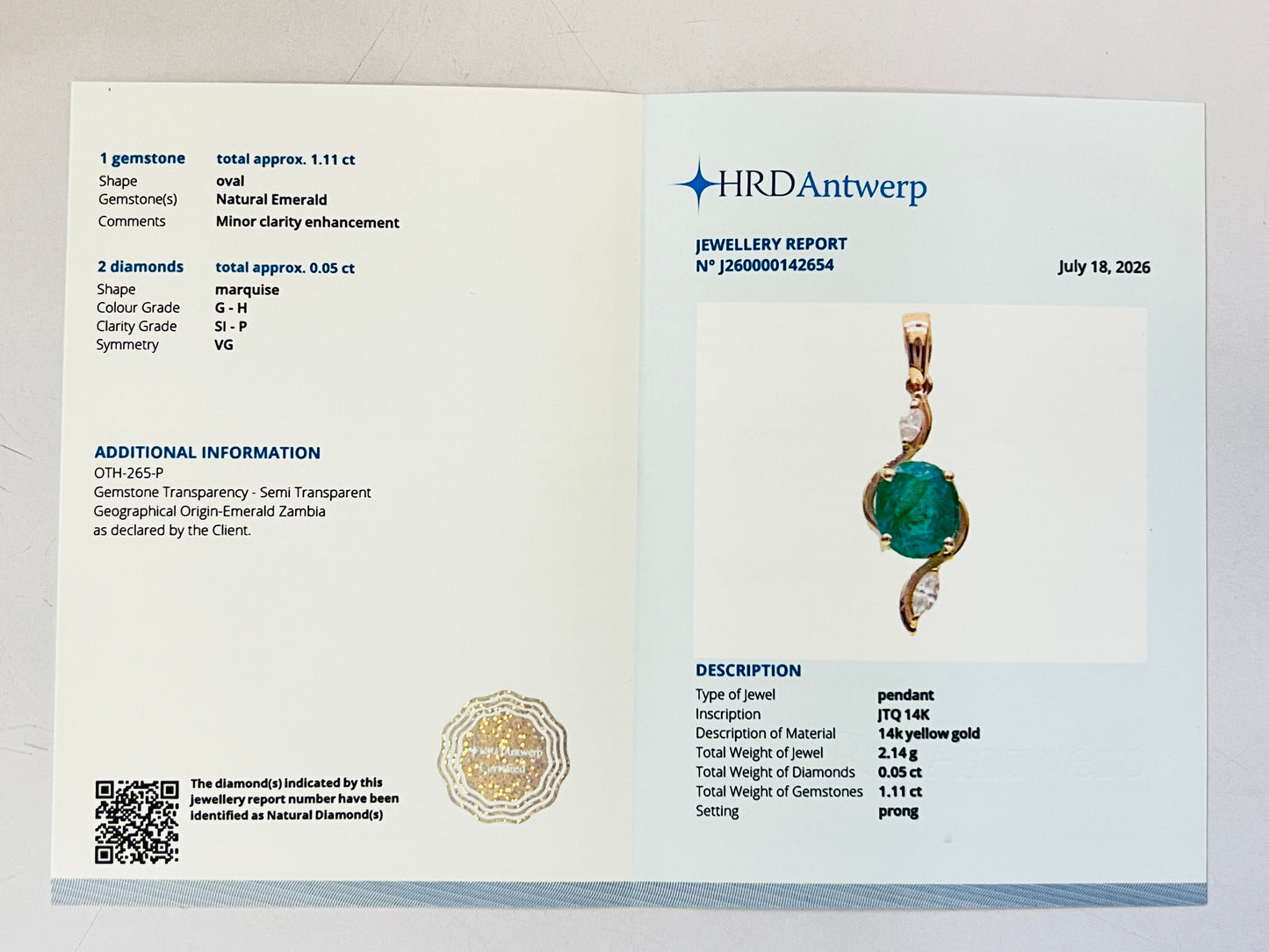 1.16 Ct Oval Natural Emerald 14K Gold Pendant