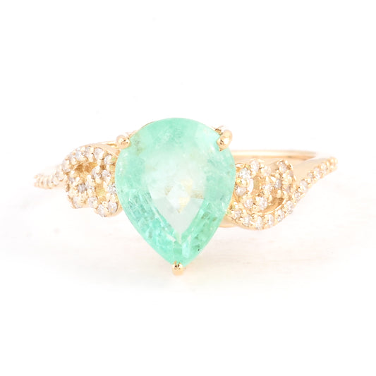 2.85 Ct Pear Mixed Cut Natural Beryl Emerald 14K Gold Ring