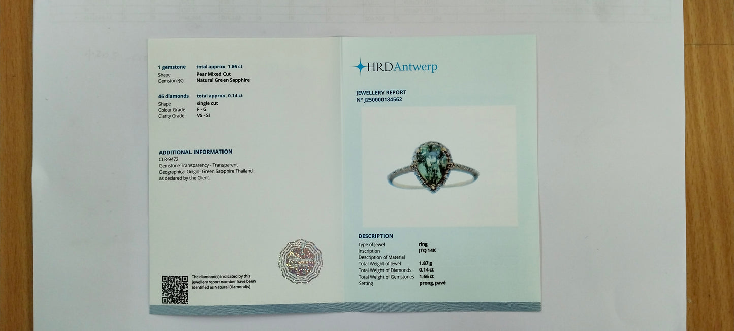 1.80 Ct Pear Mixed Cut Natural Green Sapphire 14K Gold Ring