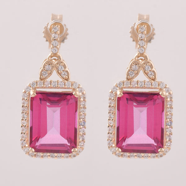 6.76 Ct Octagon Pink Topaz 9K Gold Earrings