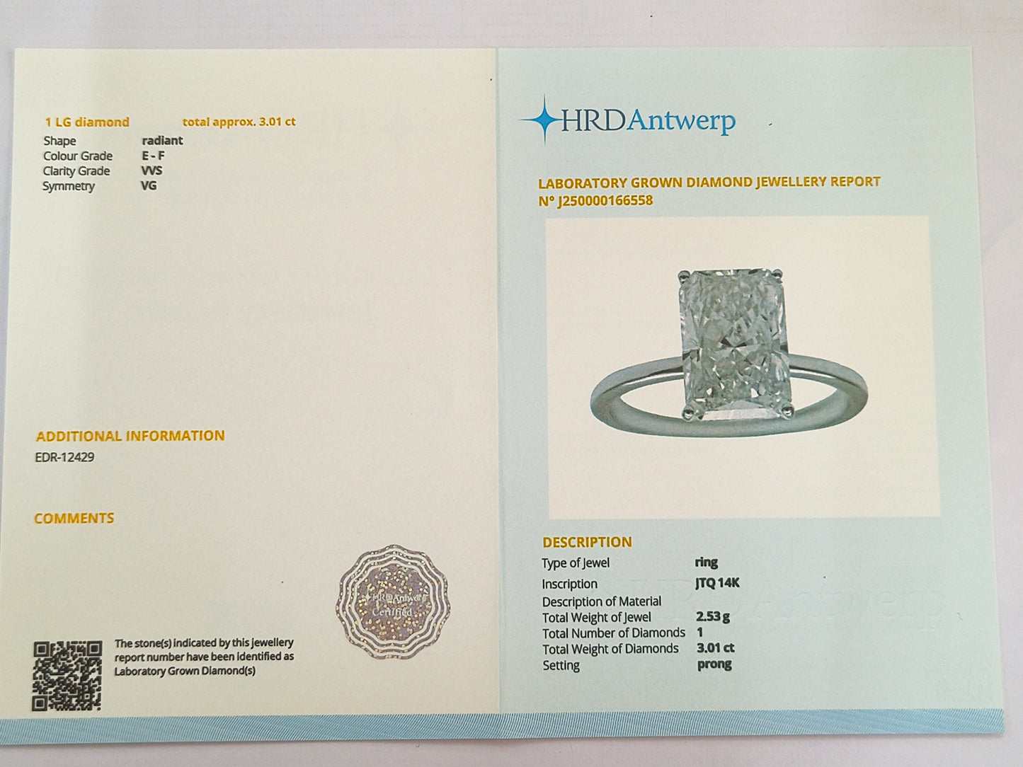 3.01 Carats Lab Grown Diamond 14K Gold Ring