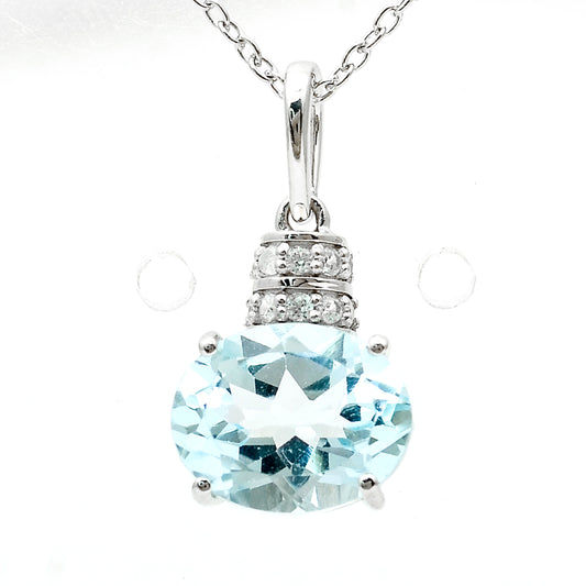 3.18 Ct Oval Blue Topaz, White Zircon 925 Sterling Silver Pendant