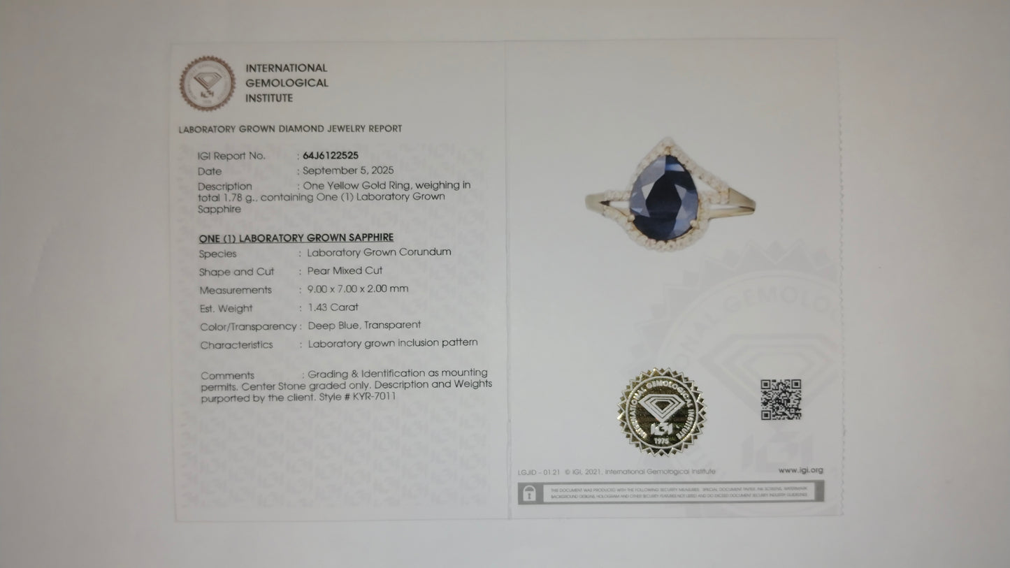 1.54 Ct Pear Mixed Cut Lab Grown Sapphire 14K Gold Ring