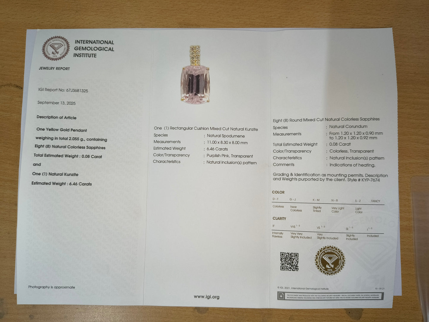 6.54 Ct Cushion Mixed Cut Natural Spodumene Kunzite 14K Gold Pendant