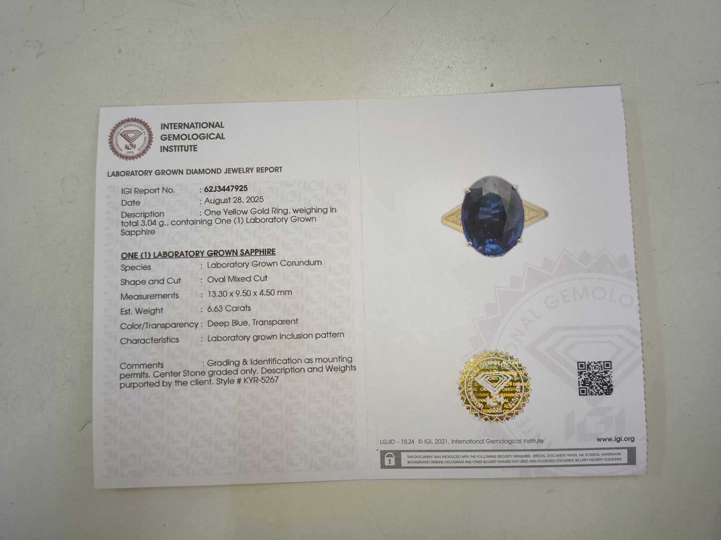 6.66 Ct Oval Mixed Cut Lab Grown Sapphire 14K Gold Ring