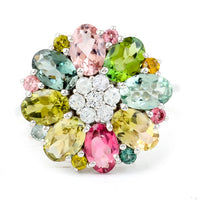 3.71 Ct Oval Mixed Cut, Round Mixed Cut Natural Multi-Coloured Tourmaline 950 Platinum Ring