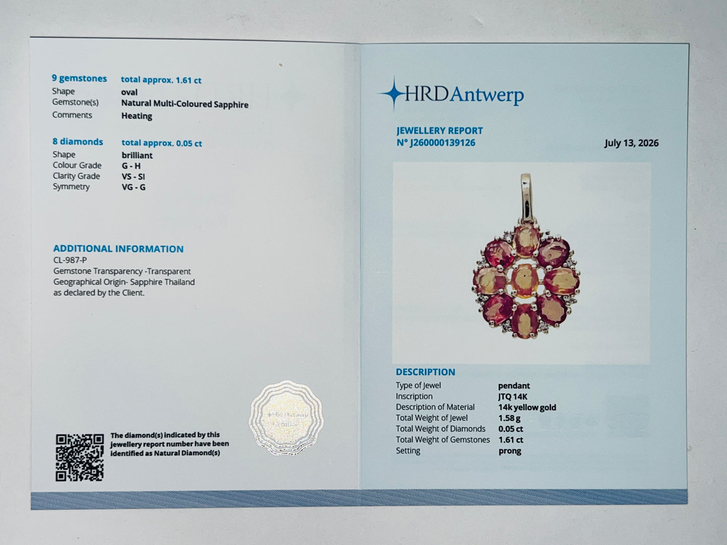 1.66 Ct Oval Natural Multi Coloured Sapphire 14K Gold Pendant
