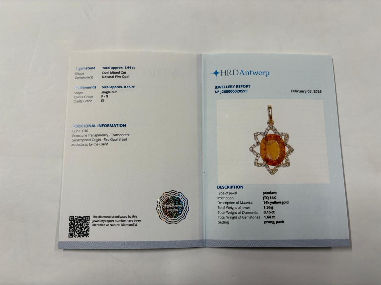1.79 Ct Oval Mixed Cut Natural Fire Opal 14K Gold Pendant