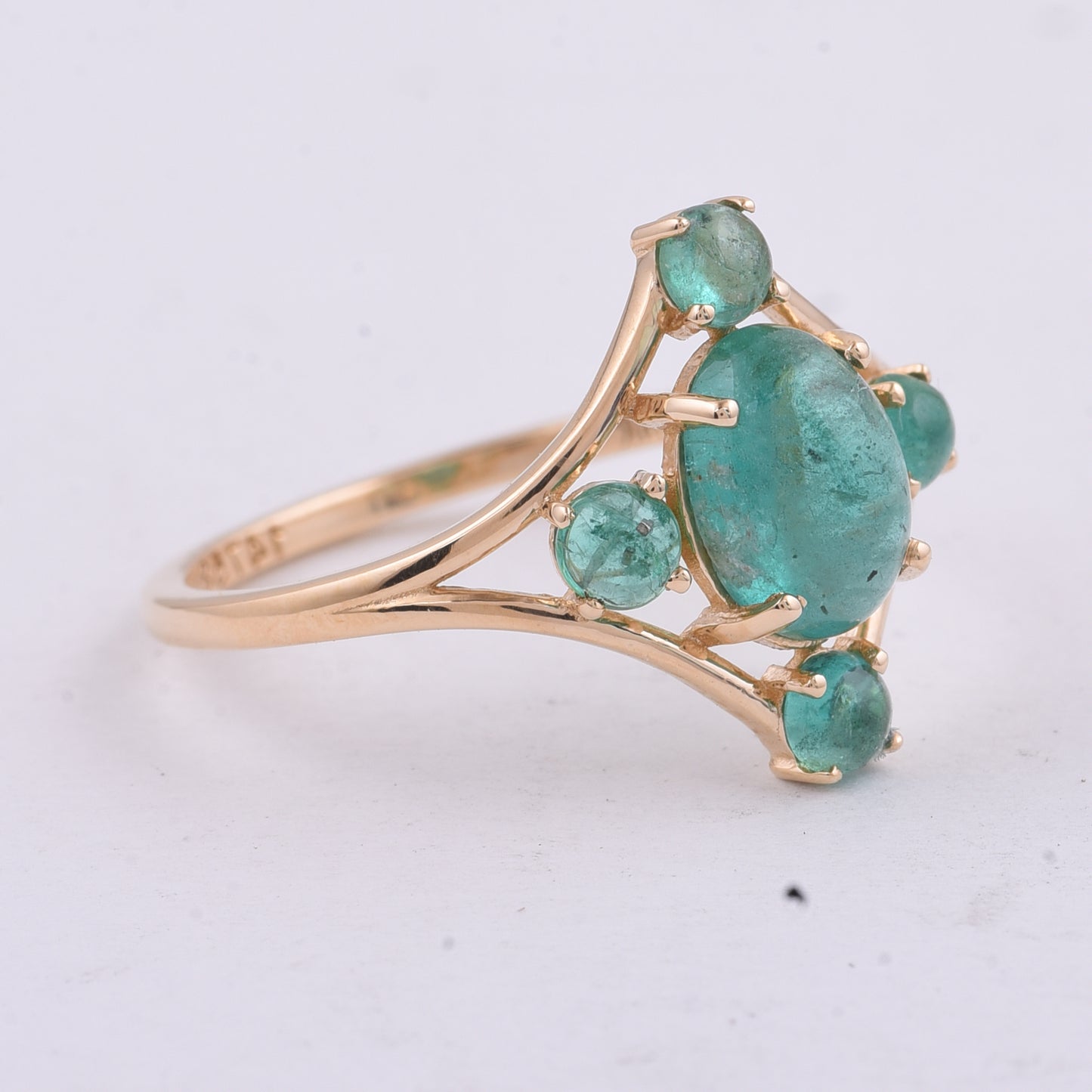2.00 Ct Oval Cabochon Cut, Round Cabochon Cut Natural Emerald 14K Gold Ring
