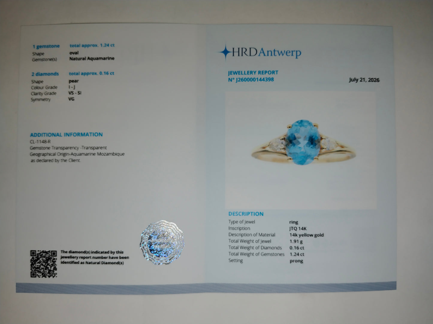 1.40 Ct Oval Natural Aquamarine 14K Gold Ring