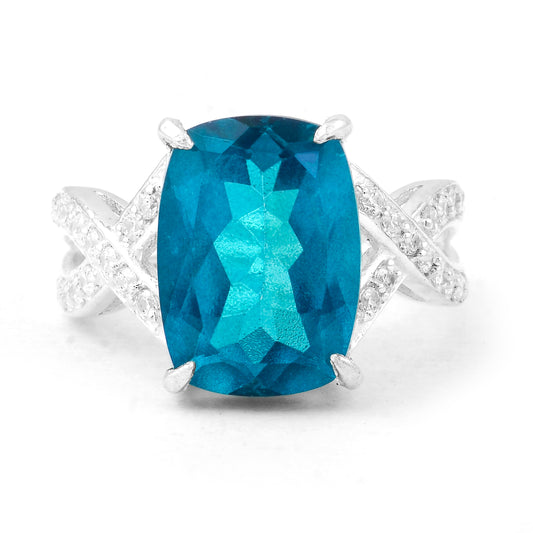8.68 Ct Cushion Pariba Topaz, Cubic Zirconia, 925 Sterling Silver Ring