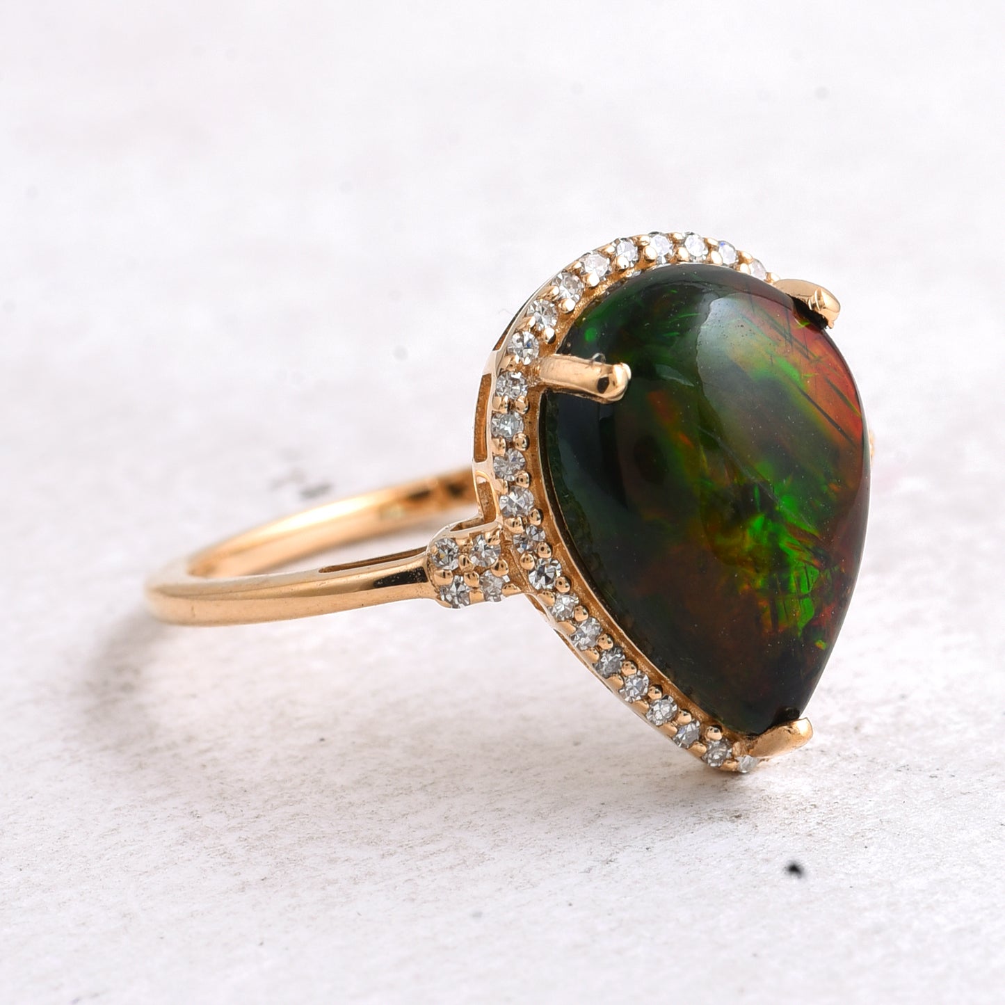 2.69 Ct Pear Cabochon Natural Black Opal 14K Gold Ring
