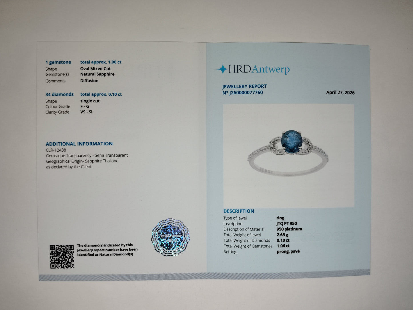 1.16 Ct Oval Mixed Cut Natural Sapphire 950 Platinum Ring