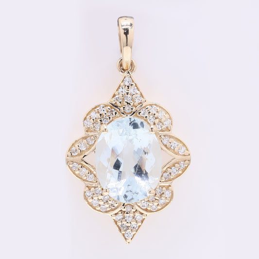 2.26 Ct Oval Mixed Cut Natural Aquamarine 14K Gold Pendant