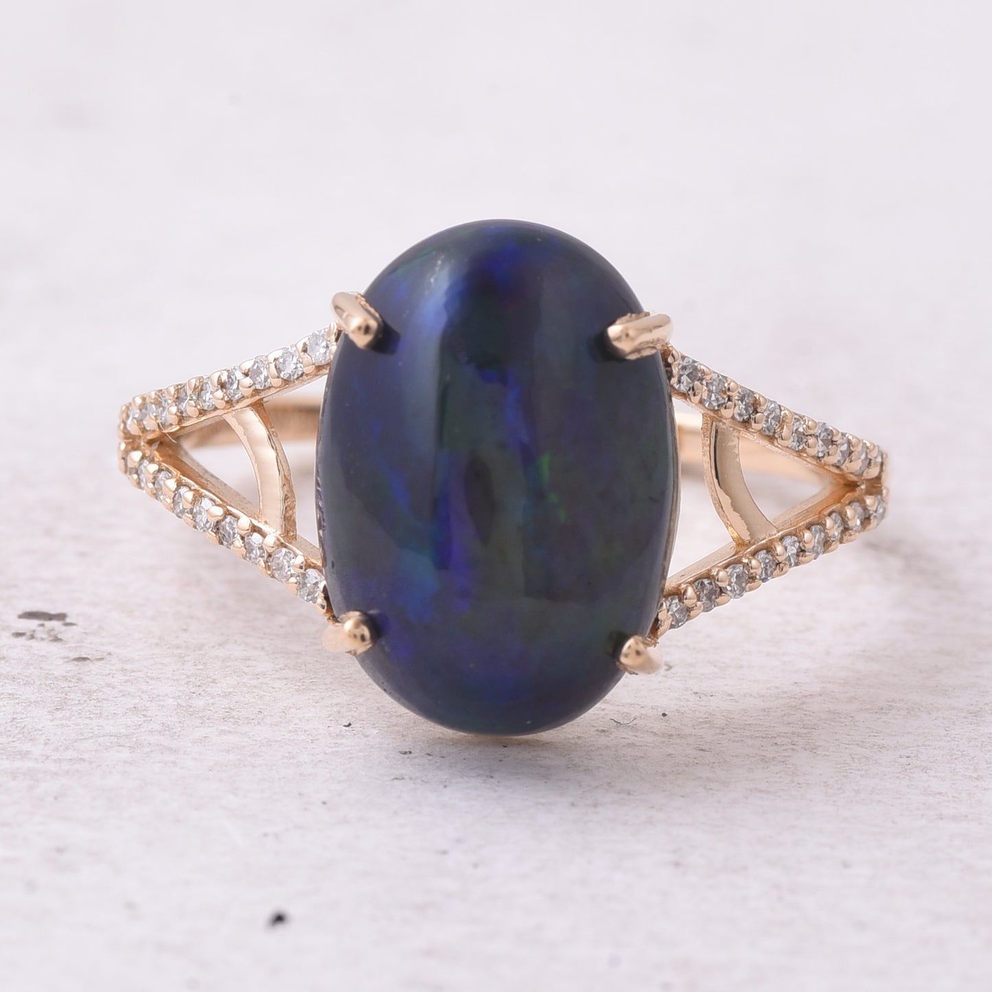 3.19 Ct Oval Cabochon Cut Natural Black Opal 14K Gold Ring