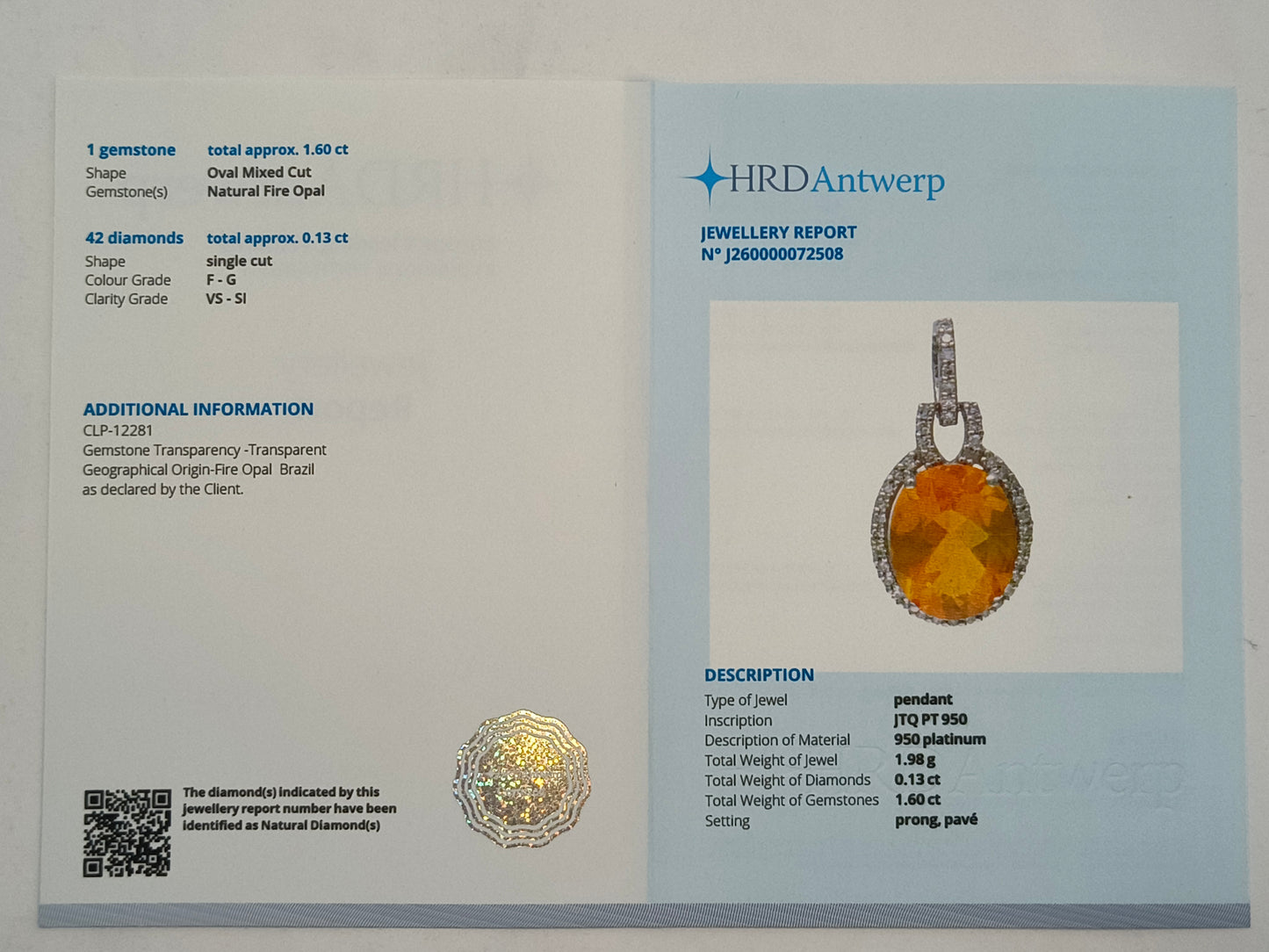1.73 Ct Oval Mixed Cut Natural Fire Opal 950 Platinum Pendant