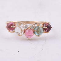 1.89 Ct Round Cabochon Cut Natural Multi Coloured Tourmaline 14K Gold Ring